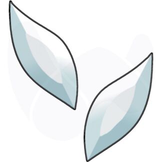 Two light blue glassy leaf shapes with dark outlines, angled apart.