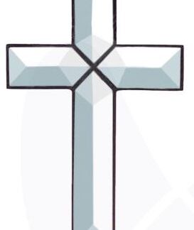 Stained-glass cross with light blue faceted panes and a dark outlining border, a Christian symbol.