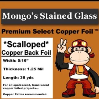 Copper foil packaging for Mongo’s Stained Glass: scalloped back foil, 5/16” wide, 1.25 mil, 36 yd roll; cartoon monkey mascot.