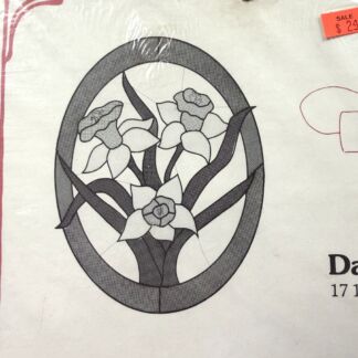 Oval stained-glass style panel showing a bouquet of flowers with leaves in black-and-white.