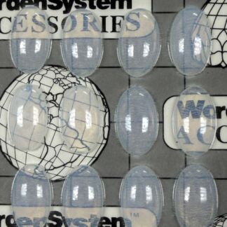 Display of translucent oval beads on a label reading 'JEWELS MADE IN GERMANY' in a product display.