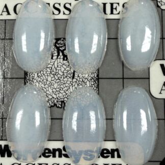 Six translucent pale blue oval glass beads arranged on a grid background, with labels reading No. 3619 and White, and a 'Jewels Made in Germany' tag nearby.