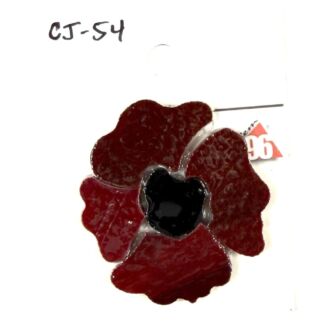 Red enamel flower with five marbled red petals and a glossy black center on a white background, labeled CJ-54