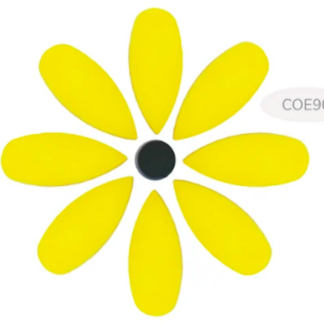 Yellow daisy-like flower with eight bright petals surrounding a dark center.