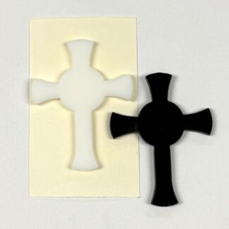 Two cross shapes, one white cutout on a beige card and a black solid cross beside it on a light background.