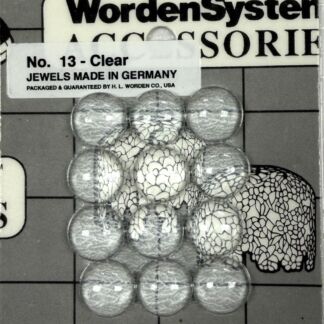 Blister pack of crackled white glass beads labeled 'No. 13 - Clear' with 'Jewels Made in Germany'.