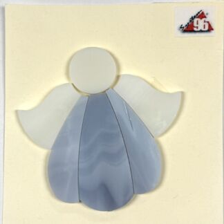 Paper angel collage on a cream card: circular head, white wings, and a light blue layered body.