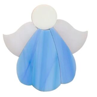 Paper angel craft with a round head, light blue dress, and white wings, standing upright.